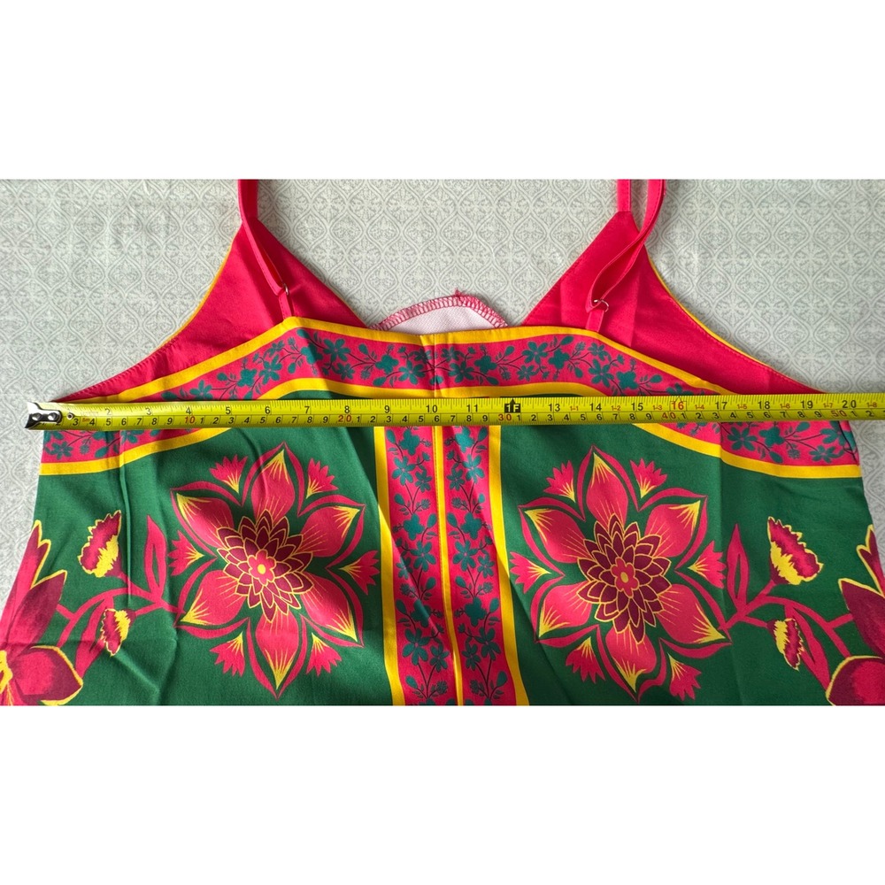 Tropical Green Pink Floral Palm Print Maxi Dress Handkerchief Hem Large - Picture 8 of 10